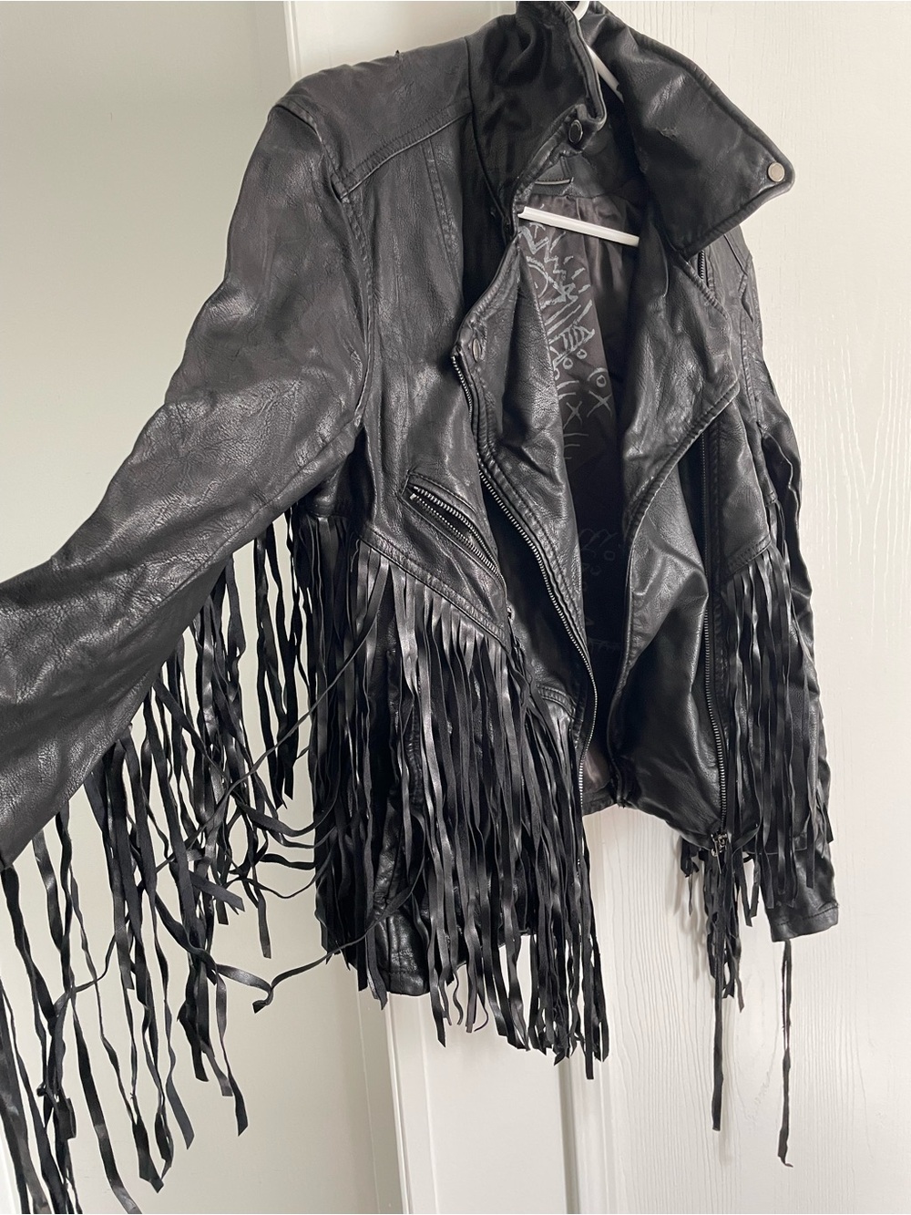 Black Leather Fringe Moto Jacket by Unbranded - Picture 2 of 12
